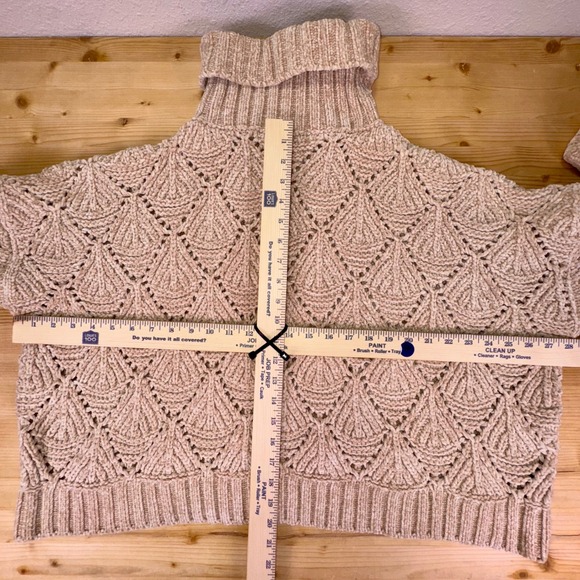 Boho Chenille Knit Turtleneck Sweater POL Beige Textured Cozy Pullover L - Picture 4 of 7
